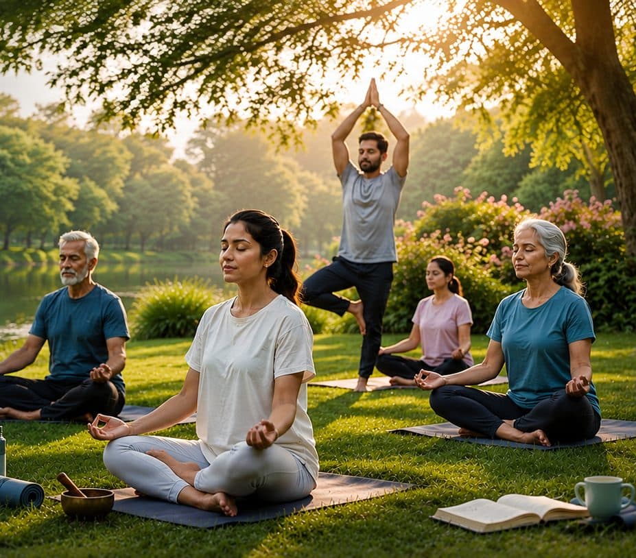 A multi-generational group practicing yoga and meditation together in a park